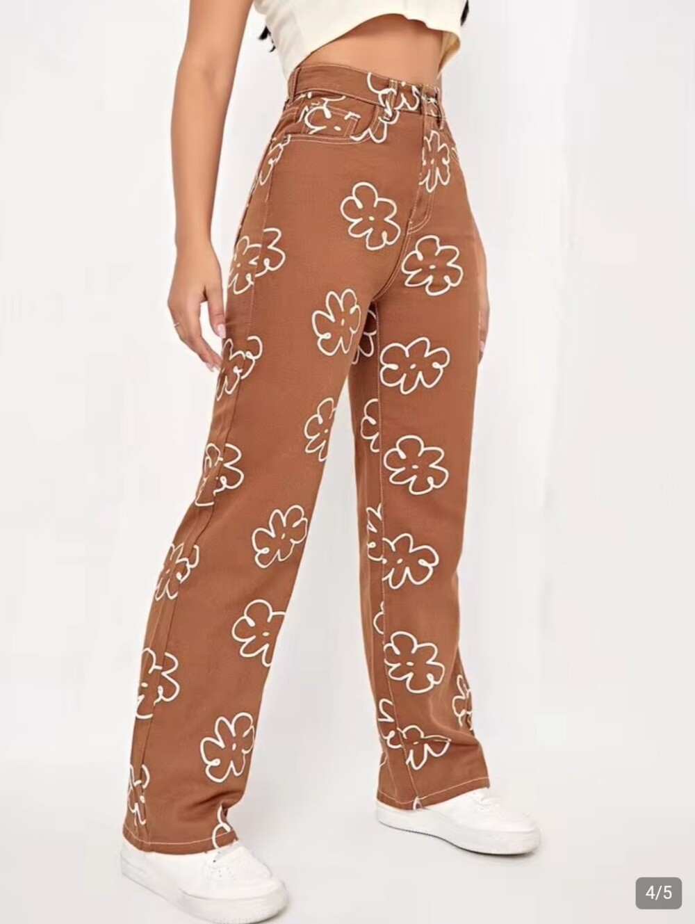 SHEIN Brown Wide-Leg Pants with White Floral Print